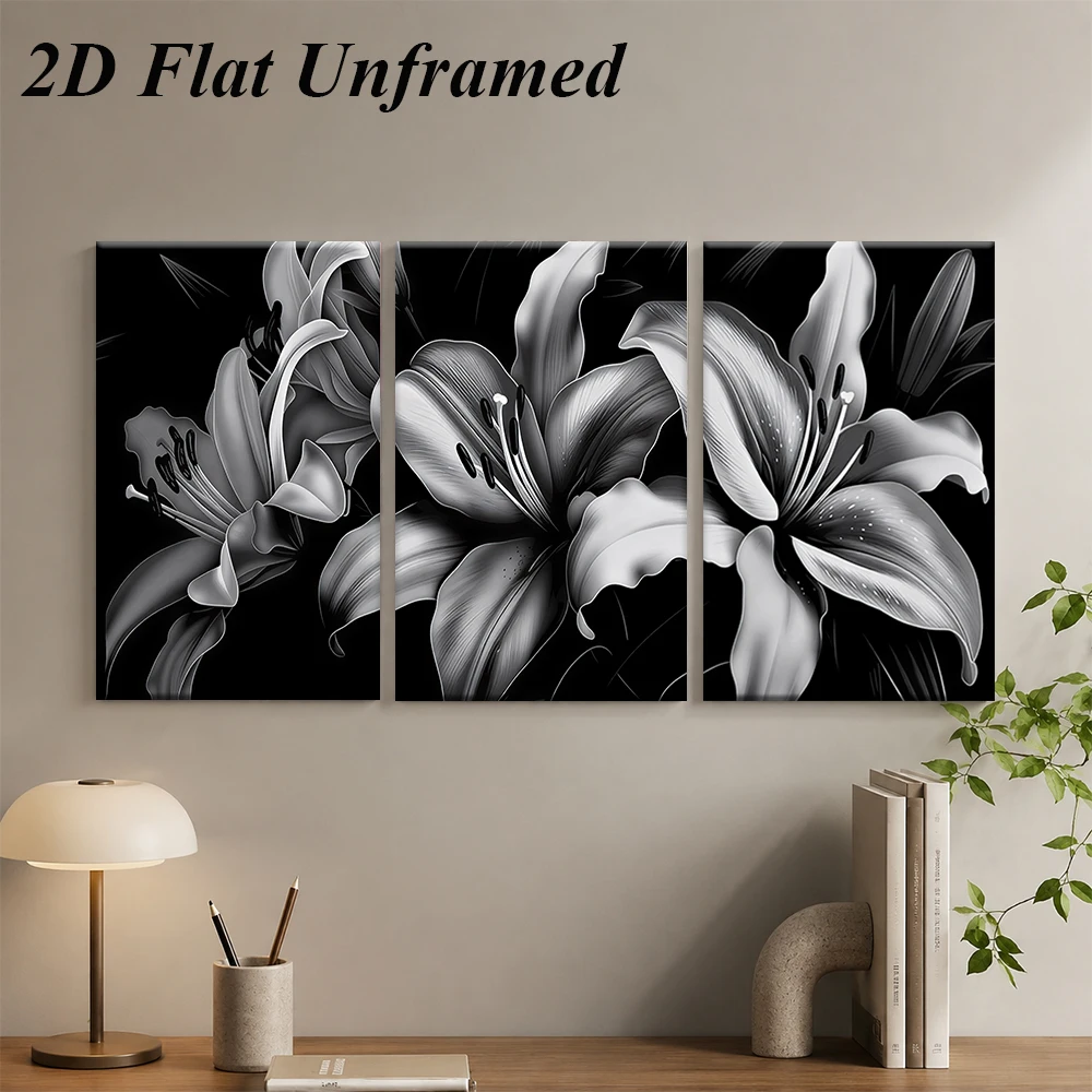 1 set of modern minimalist black and white lily triptych frameless decorative paintings for home wall decoration 2D plan