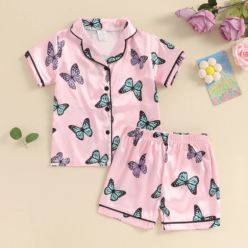 

Tregren Kids Girls Summer 2pcs Pajama Sets Casual Short Sleeve Lapel Shirt Top Butterfly Print Pants Sleepwear Toddler Homewear