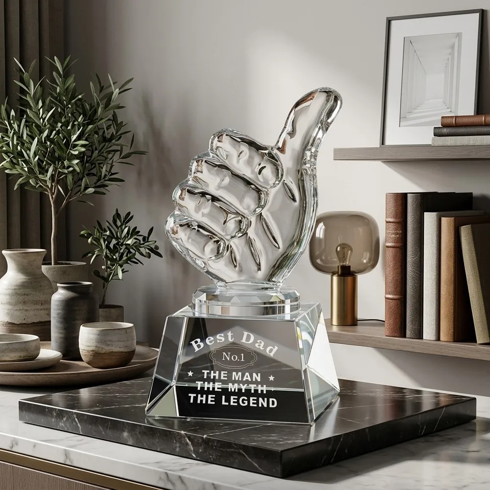 Thumbs Up Statue Gemstone Trophy Lead-free Material Permanent Engraving Faceted Design Stylish Desk Decoration For Fathers