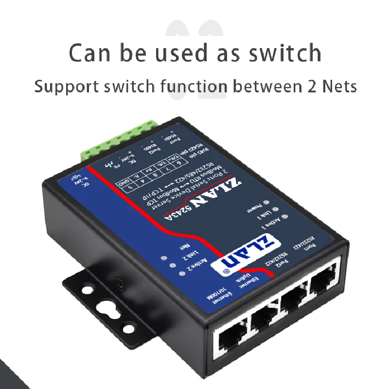 ZLAN-Dispositivo Multi-Serial, Gateway Modbus RTU, 5243A, 2 Portas, RS485 para Ethernet, RJ45, TCP IP, RS232