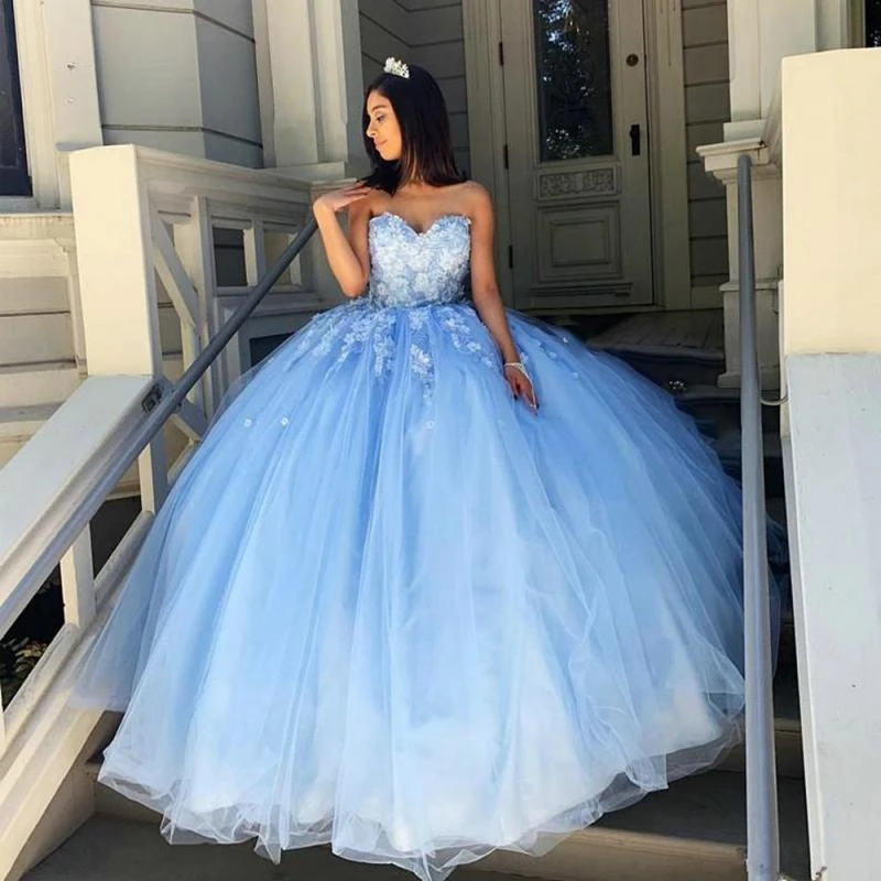 

Sky Blue Quinceanera Dresses 2023 Princess Sweetheart Flowers Applique Ball Gown Sweet 15 16 Prom Dress Girl's Birthday Party