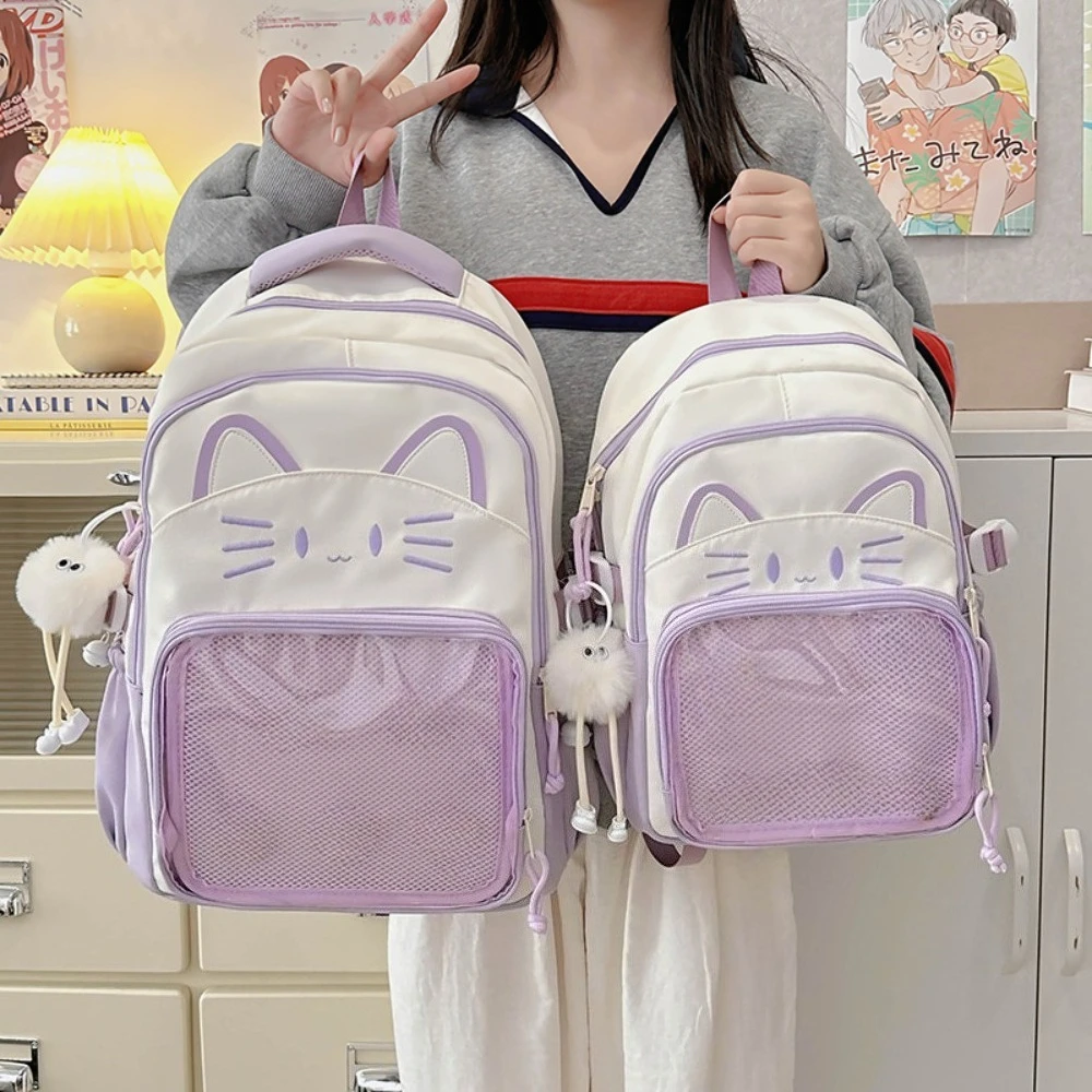 Kawaii Cat Print Backpack for Teen Girls Capacity Waterproof School Bag Cute Contrast Color Travel Rucksack With Plush Pendant