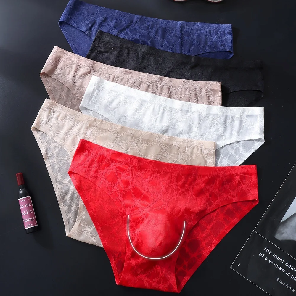 Men Triangle Panties Sexy Seamless Jacquard Ice Silk Thin Super Comfortable U Bulge Pouch Breathable Quick Drying Briefs