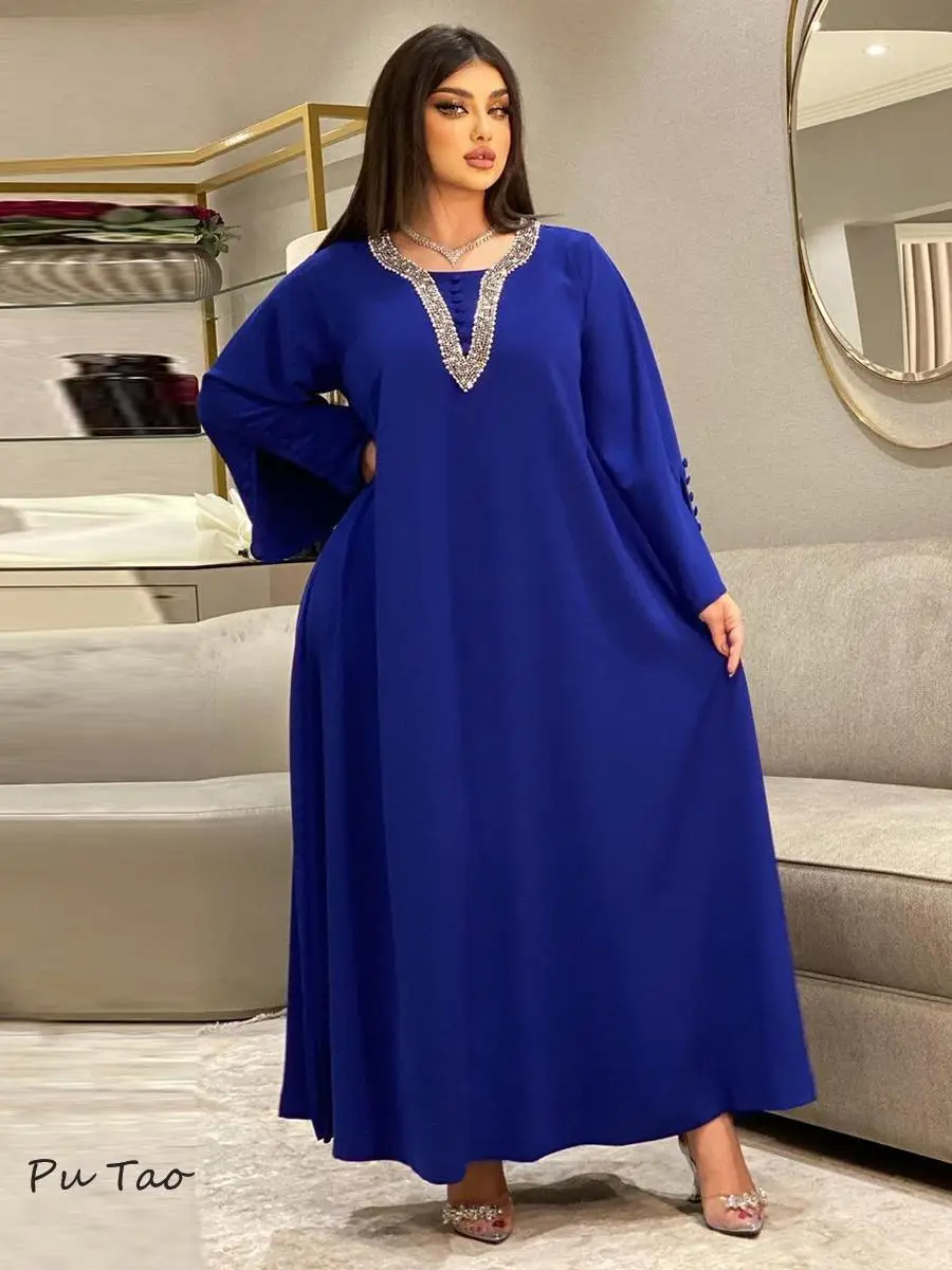 Marocco imprezowa sukienka dla kobiet moda diamentowe guziki dekoracja z długim rękawem na imprezę bal sukienka Ramadan muzułmanki Maxi Vestidos