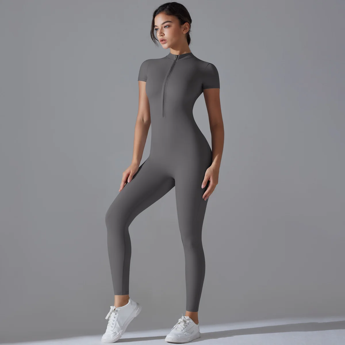 zipper tight fitting high elasticity short sleeved jumpsuit for sports, fitness, running, nine point jumpsuit pants, yoga suit