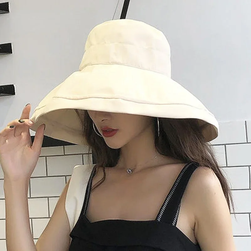 Oversized Summer New Cotton Breathable Big Brim Solid Color Fashion Bucket Hat Women Outdoor Travel Adjustable Sun Fisherman Hat