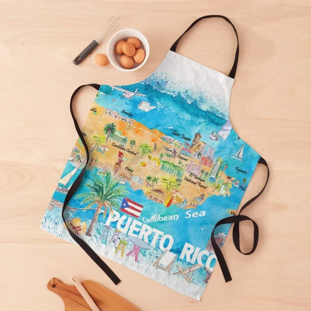 Puerto Rico Islands Illustrated Travel Map with Roads and Highlights Apron beauty master Kitchen New 2022 Year Apron