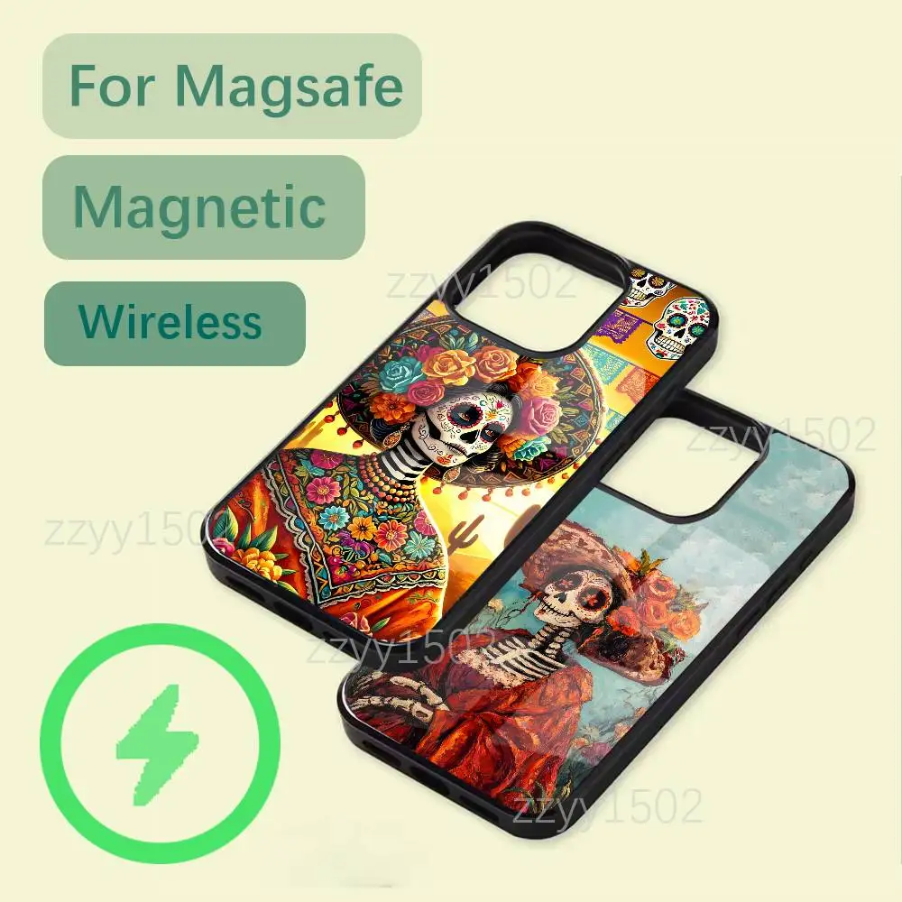

Mexican Skull Gir Dia de Muertosl Phone Case For iPhone 17,16,15,14,13,12,11,Pro,Max,Plus,Mini,SE4,E Magsafe Wireless Charging