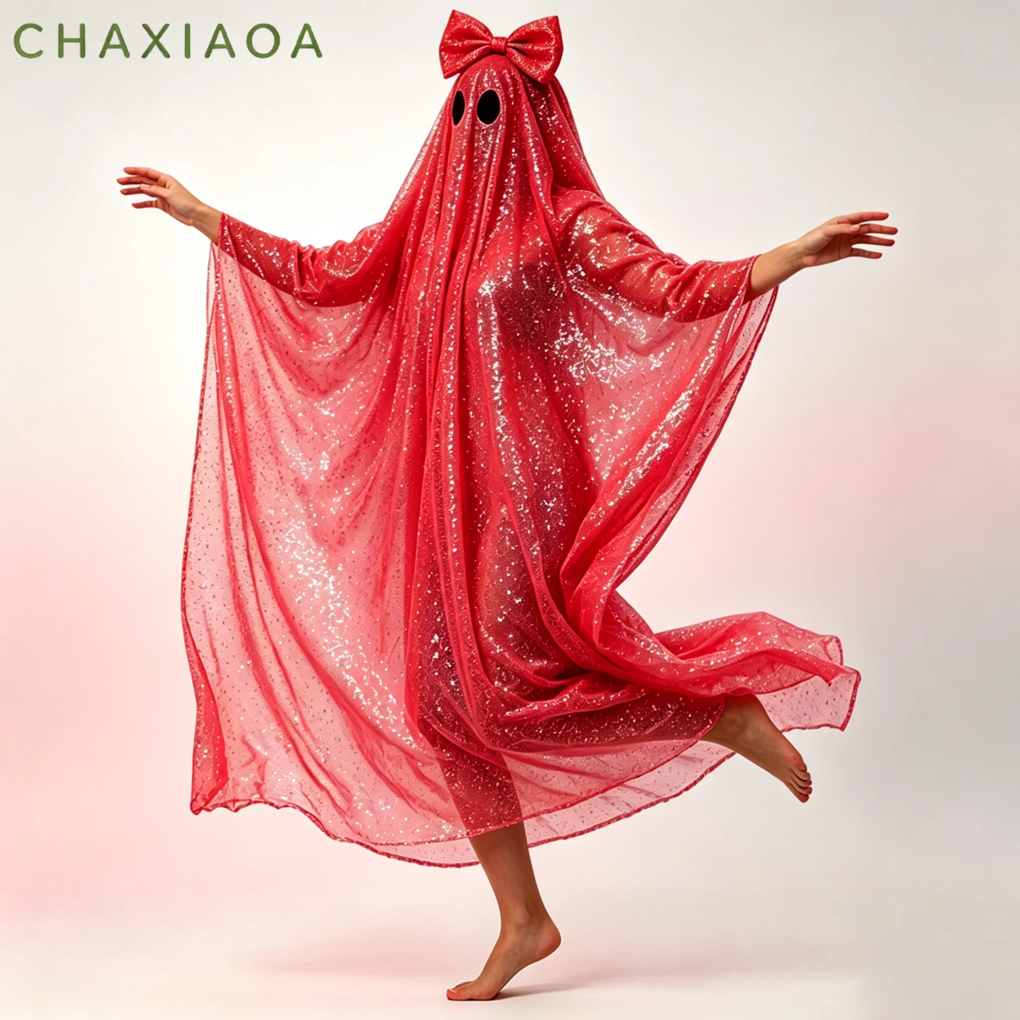 Women Cute Sequined Bow Ghost Cloak, Sparkly Halloween Fancy Dress Costume For Theme Party Cosplay Holiday Dress‑Up Outfit