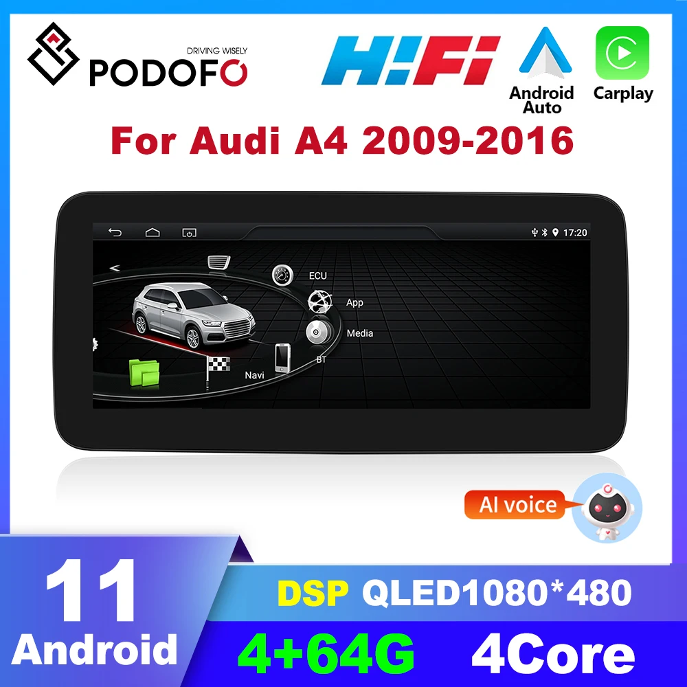 Podofo Android 11.0 Car Radio For Audi A4 2009-2016 Multimedia Player Car Stereo Carplay Autoradio GPS Navigation 4G WiFi