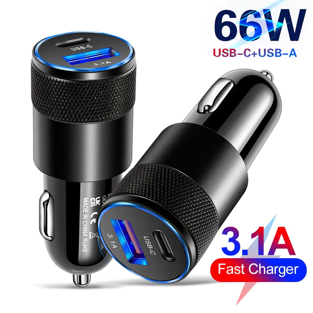 Cargador de coche USB tipo C de 66W, adaptador de teléfono de carga rápida para Xiaomi, Huawei, PD, adaptador de enchufe para encendedor de