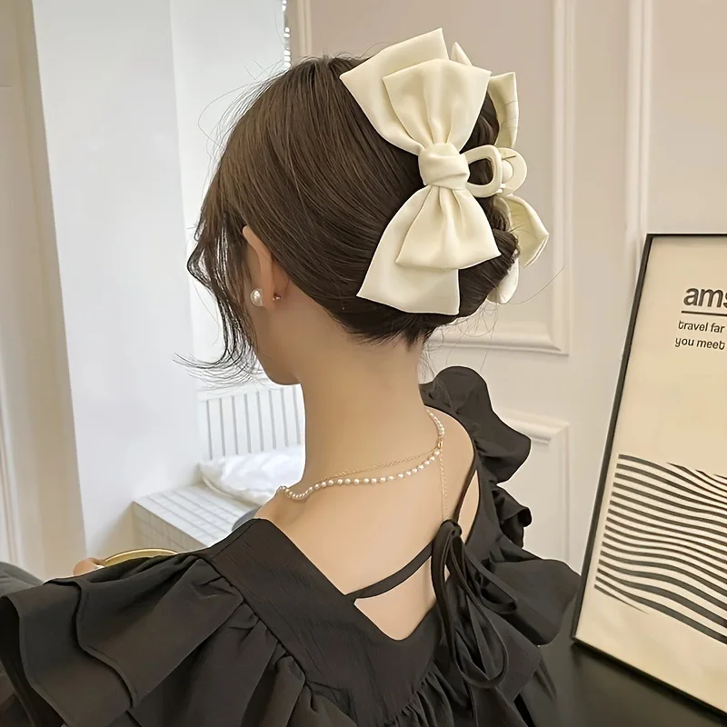 サテンリボンボウ大型ヘアクリップ爪女性ファッションガールズクリームヘアクリップ
