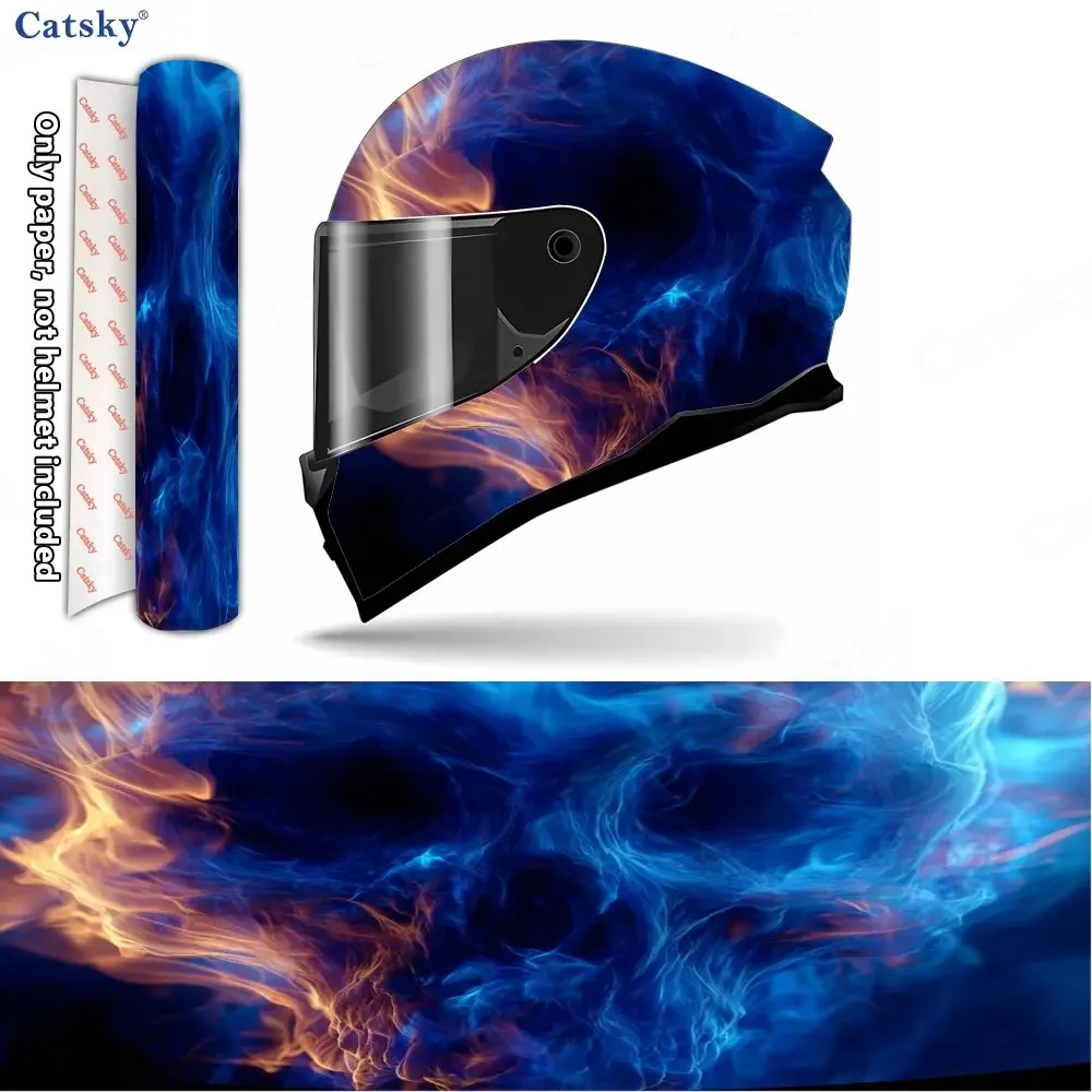 Adesivos de Capacete com Padrão de Caveira Chama Azul - Material PVC Durável e Impermeável, Adesivos Artísticos Autoadesivos para Capacete de Motocicl