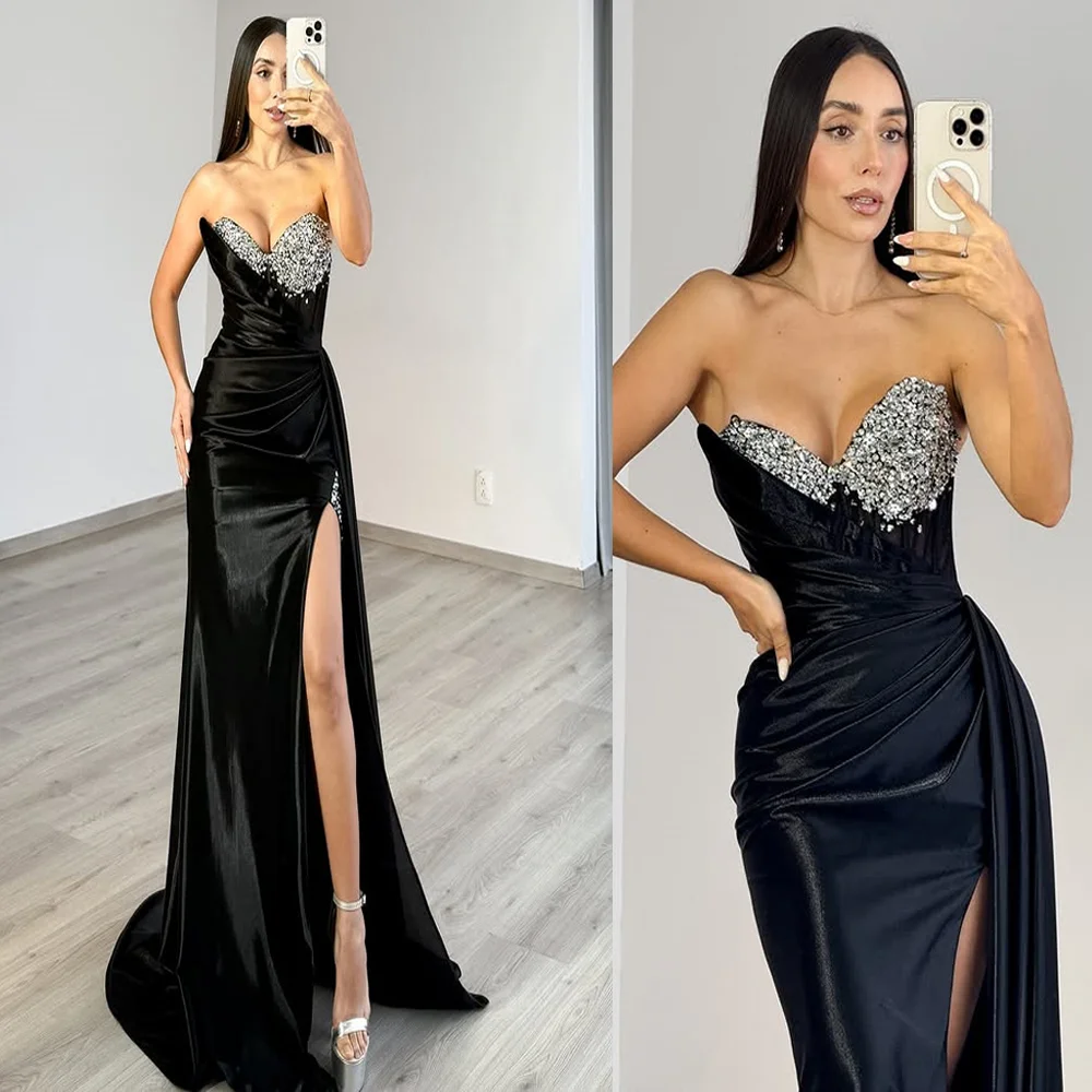 

Charming Off Shoulder Satin Pleated Formal Evening Dress Sheath Backless Side Slit Prom Gown with Crystal Sweep Train Custom