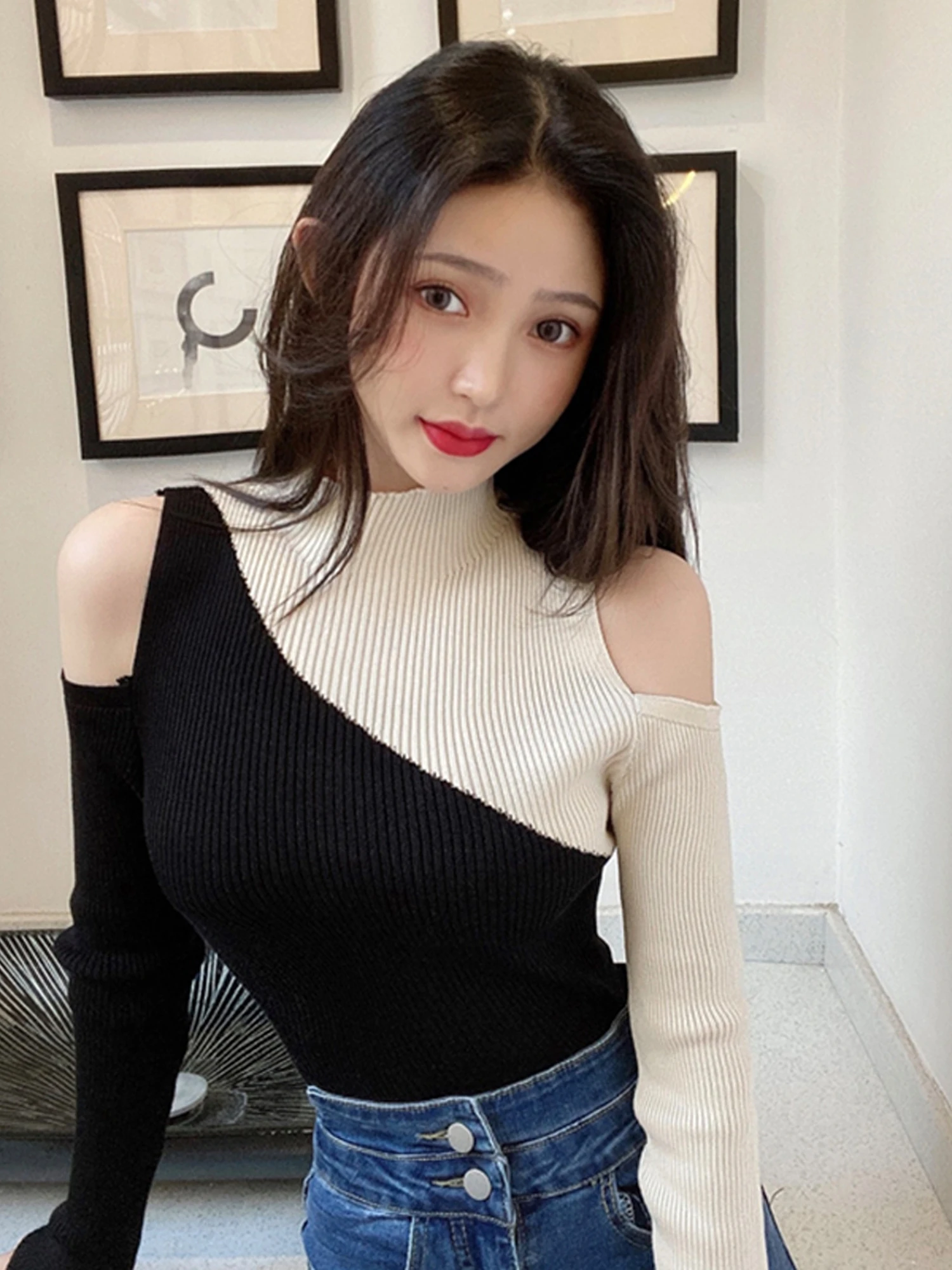 Hong Kong Style Long Sleeve Shoulder Bared Knitted Sweater Women's Base Layer Slimming Top Design Sensation Spring Autumn New...