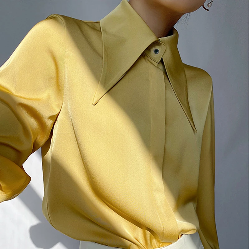 Spring Vintage Satin Silk Women Shirt Turn Down Collar Woman Loose Blouse White Long Sleeve Shirts Blusas Office Lady Tops 16946