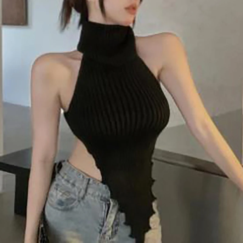 

Women Turtleneck Tank Top Sexy Sleeveless Backless Irregular Knit Pullover Vest Streetwear