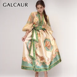 GALCAUR Vintage Printing Dresses For Women V Neck Lantern Sleeve High Waist  Patchwork Lace Up Hit Color A Line Dress Female