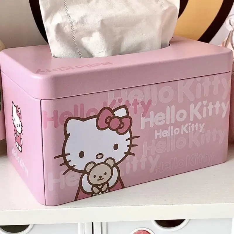 

Kawaii Sanrio Hello Kitty Tissue Box High Aesthetic Iron Box Girl Heart Cartoon Home Paper Box Student Dormitory Desktop Gift