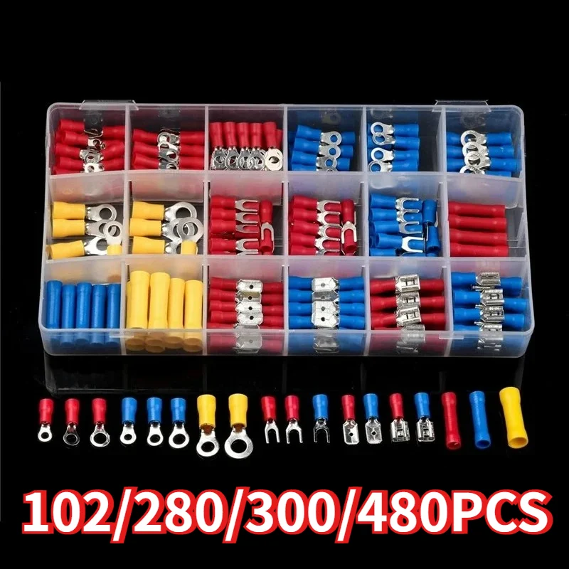 62/102/280/300/480PCS Insulated Cable Connector Wire Crimp Spatula Butt Ring Fork Kit Ring Lug Rolled Terminal Kit