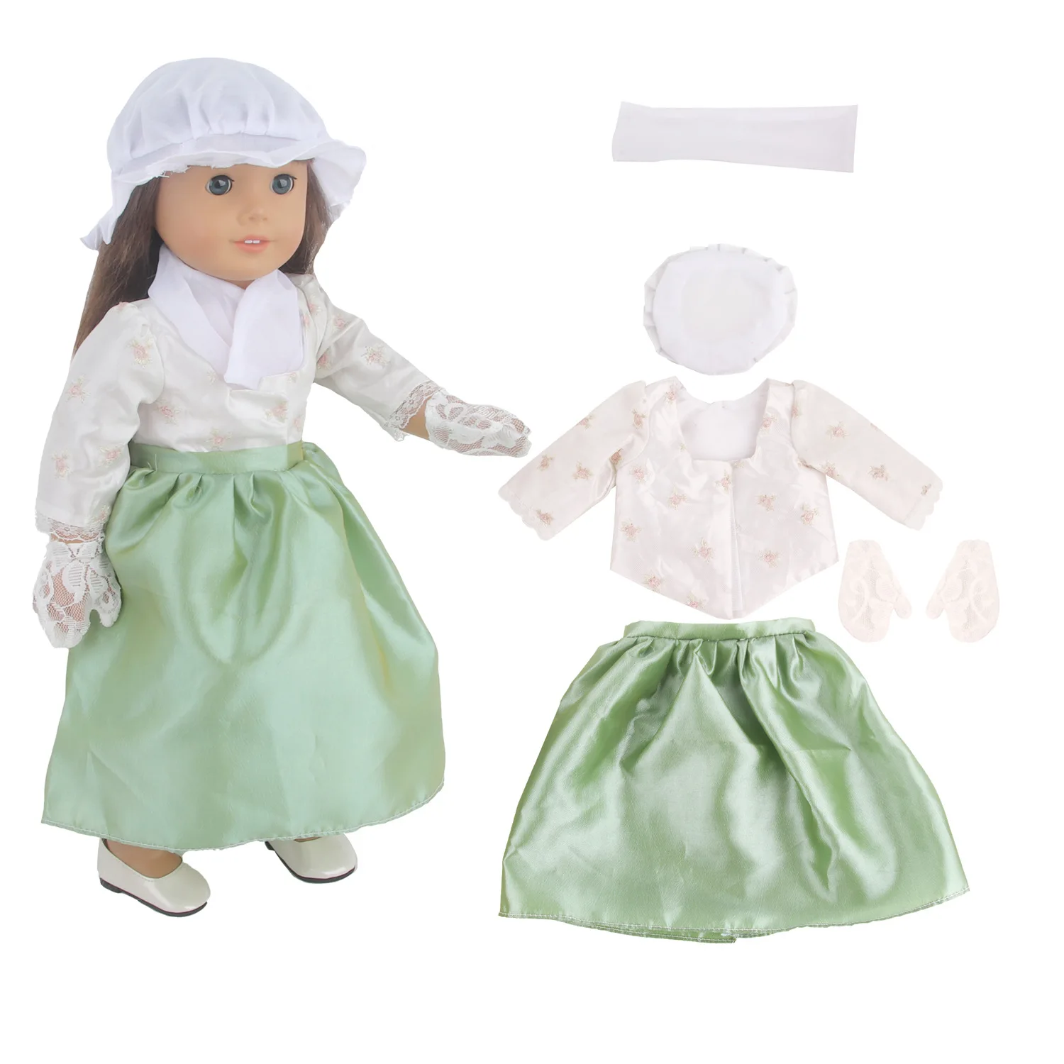 

18-inch reborn girl doll costume change doll costume set,white top, green skirt, hat,lace gloves,high-end evening gowns