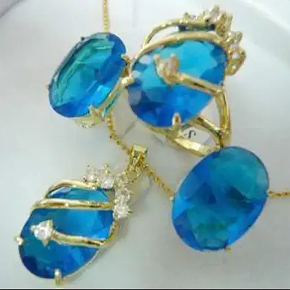 New style Natural noble jewelry Charming Blue stone pendant necklace earring ring set