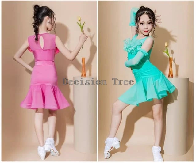 

2025 summer new latin dance kids training outfit children gauze dancing performance garment sweet fashionable split suit