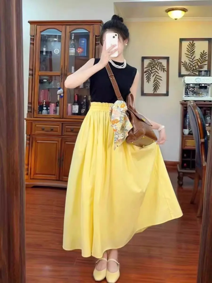 

Yellow High Waist Elastic Waist A-Line Midi Skirt Women's Spring Summer Fashionable Versatile plus Size Half-length Skirts