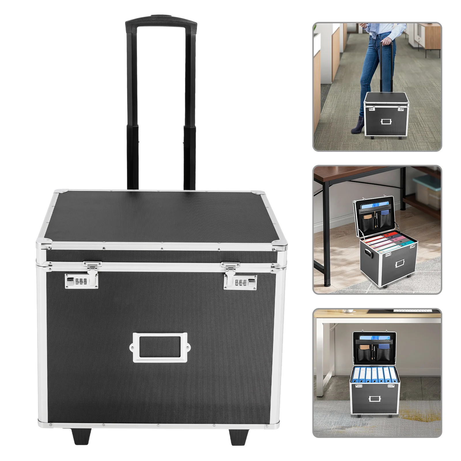 Black Aluminum Alloy 19.2x15x16 Inch Pull Rod File Lock Box Pulley Password Storage Briefcase