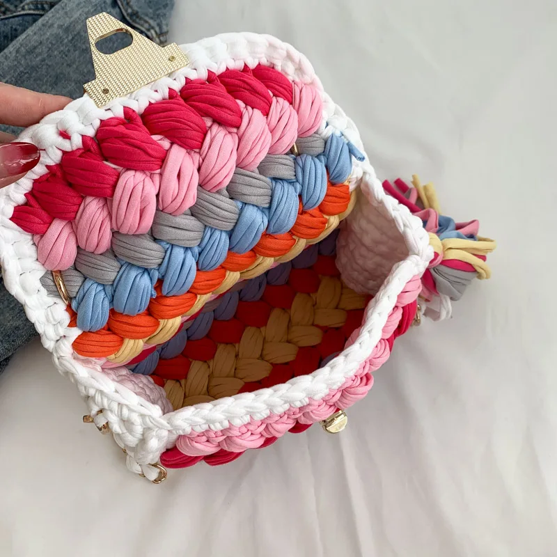 Knitting Bags for Women Handmade Woven Handbags with Chain Ladies Fashion Solid Color Square Crochet Bag