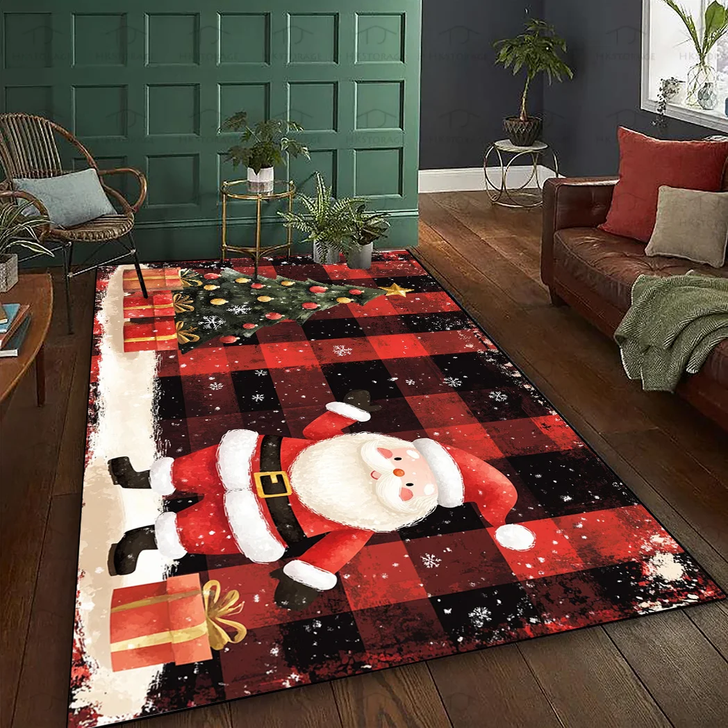 VIKAMA Christmas Area Rug Buffalo Plaid Santa Claus Xmas Tree Gift Box Print Non‑Slip Washable Living Room Home Floor Mat