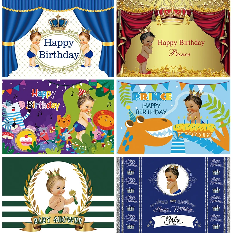 

Little Prince Baby Shower Photography Backdrops Boy Dinosaur Birthday Party Royal Blue Curtain Crown Photo Background XF-01