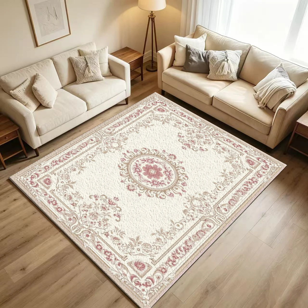 Elegant European Pink Floral Medallion Carpet Flooring Vintage Cream Base Ornate Border Printed Floor Rug for Household Room Home Ornament