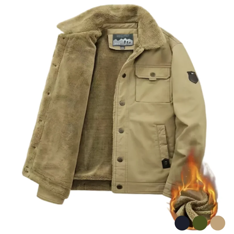 Winter Men's Thickened Warm Jacket, Lambswool-Lined Workwear Coat, Vintage Lapel with Multiple Pockets, Windproof and Wear-Resistant