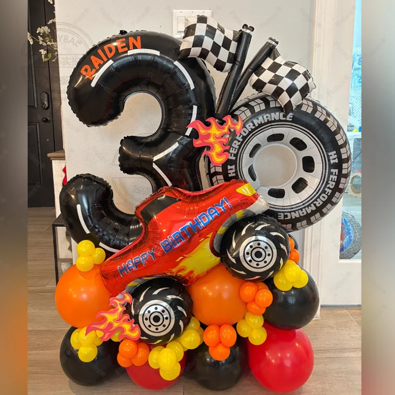 61 قطعة سباق السيارات موضوع الإطارات احباط بالون مجموعة متقلب العلم 1-9 سنة بنين حفلة عيد ميلاد الديكور سحب سريع استحمام الطفل #1