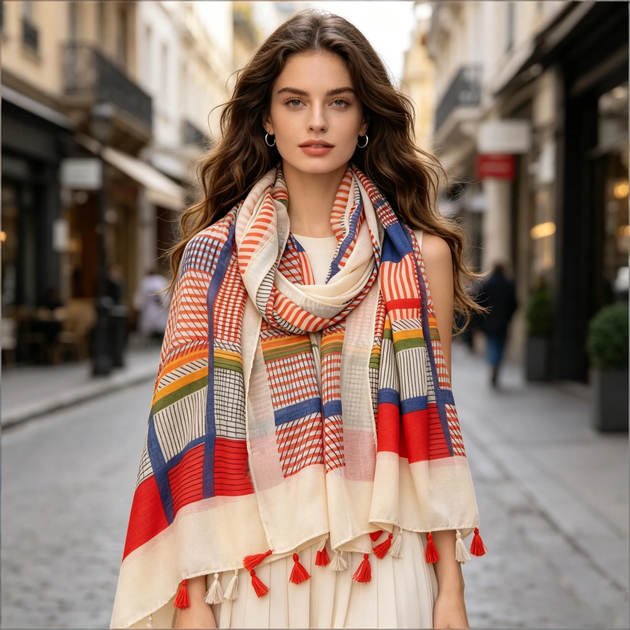 Women's Color Block Striped Tassel Scarf, Geometric Plaid Long Shawl 180x88cm Casual Neck Wrap