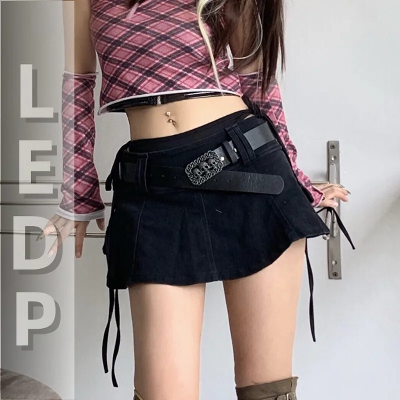 IMU Women Harajuku Low Waist Mini Skirt Punk Gothic Skull Waistband Hot Girl Black White Denim Skirt Kawaii Culotte Skirts Plus