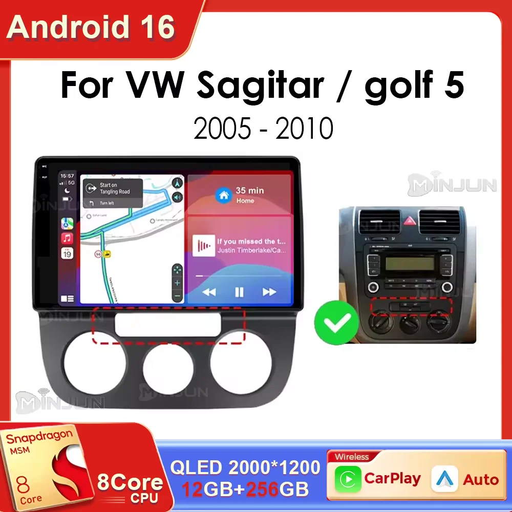 Radio para Auto Volkswagen VW Jetta 5/Bora/Sagitar/Golf 5/Vento 2005 2006 2007 2008-2010 Reproductor Multimedia Android 16 Carplay Auto