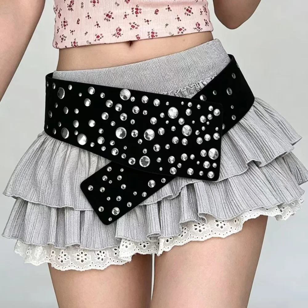 

Y2K Vintage Studded Wide Belt for Women Punk Harajuku Rivet Hip Belt Asymmetrical PU Leather Waistband Aesthetic Accessories