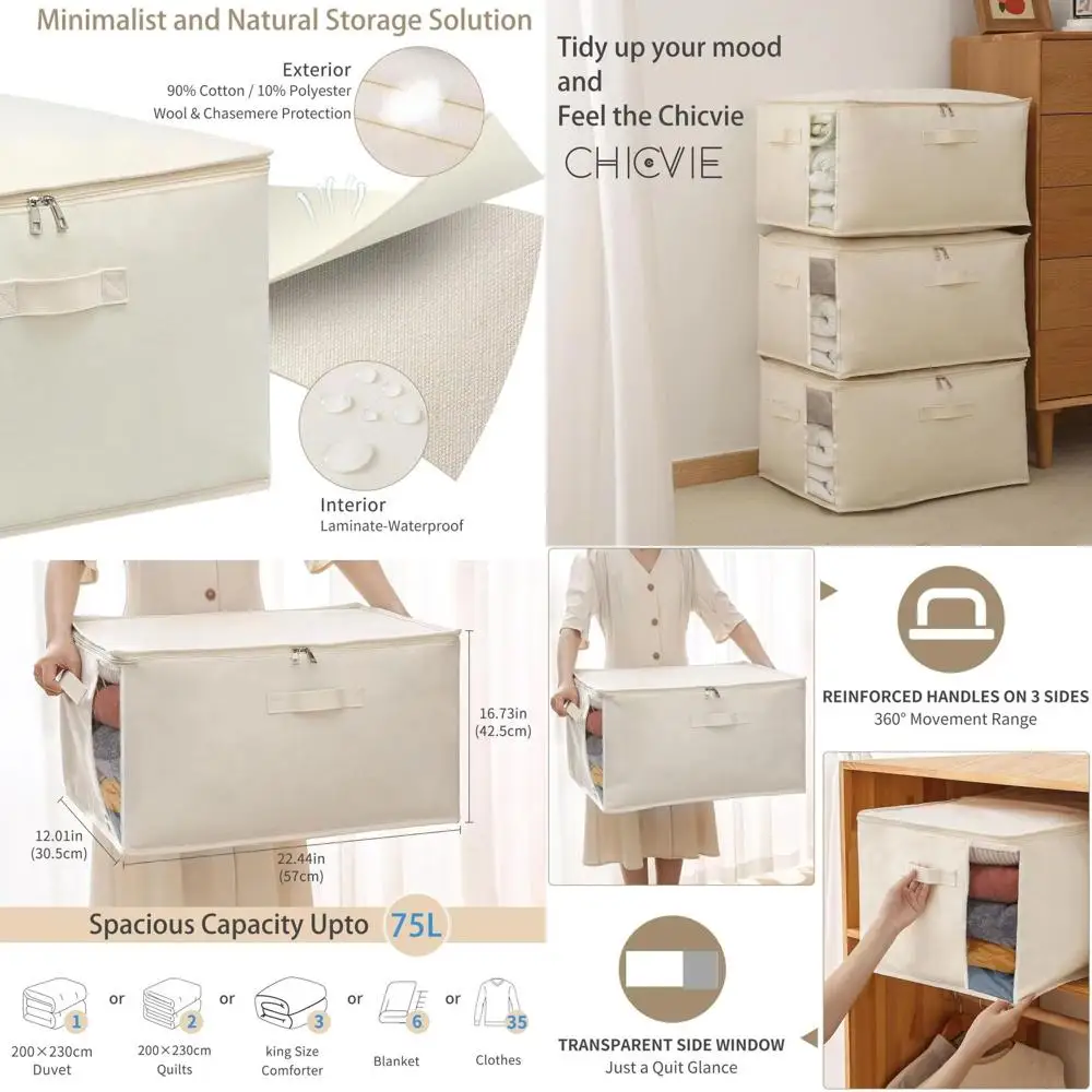 

Collapsible Storage Bins with Clear Window, 75L, for Quilts, Clothes, and Blankets Organization in Bedroom