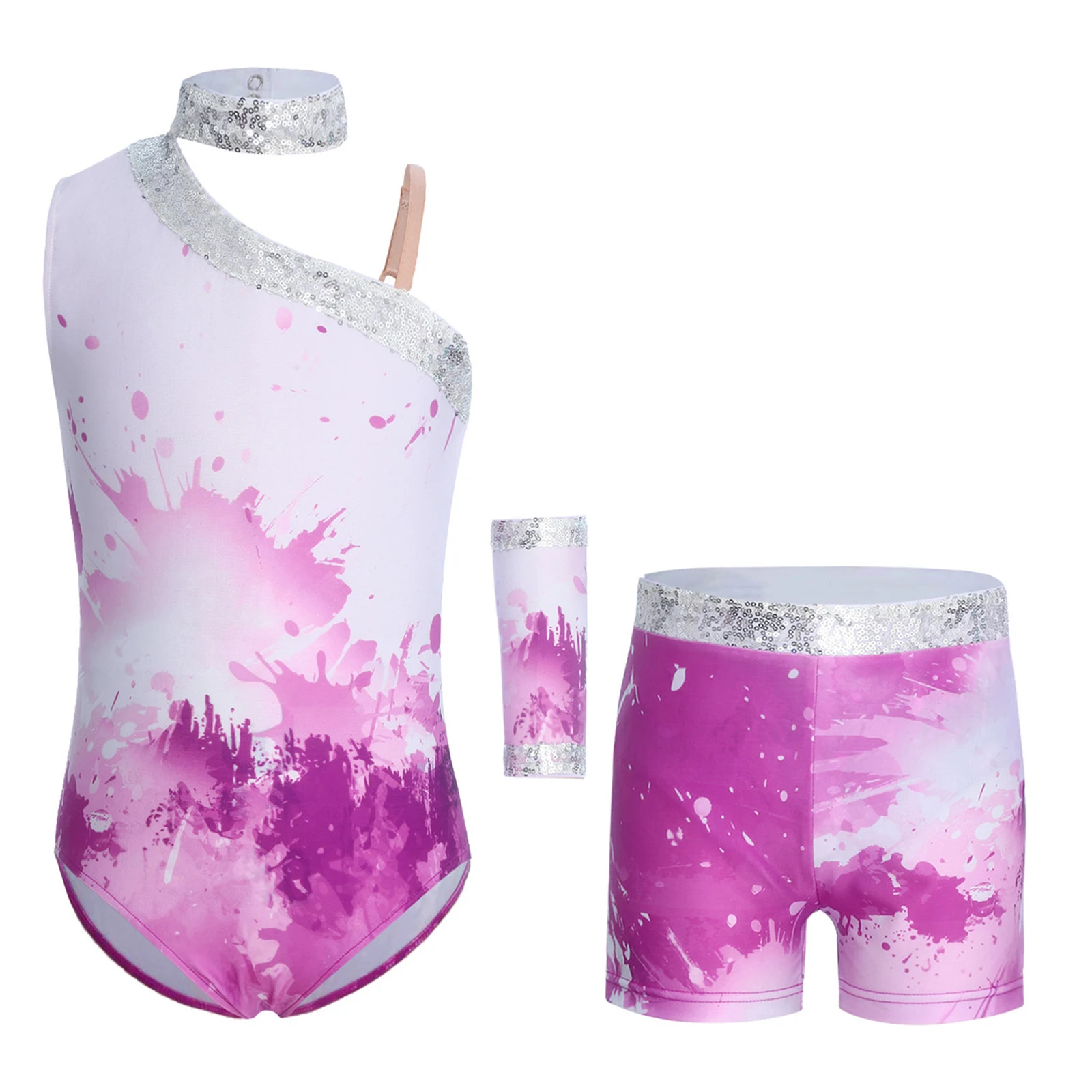 

Girls 3 Pcs Figure Skating Dance Clothing Shiny Sequin Decor Asymmetric Sleeveless Latin Bodysuit+Shorts+Fingerless Glove Set