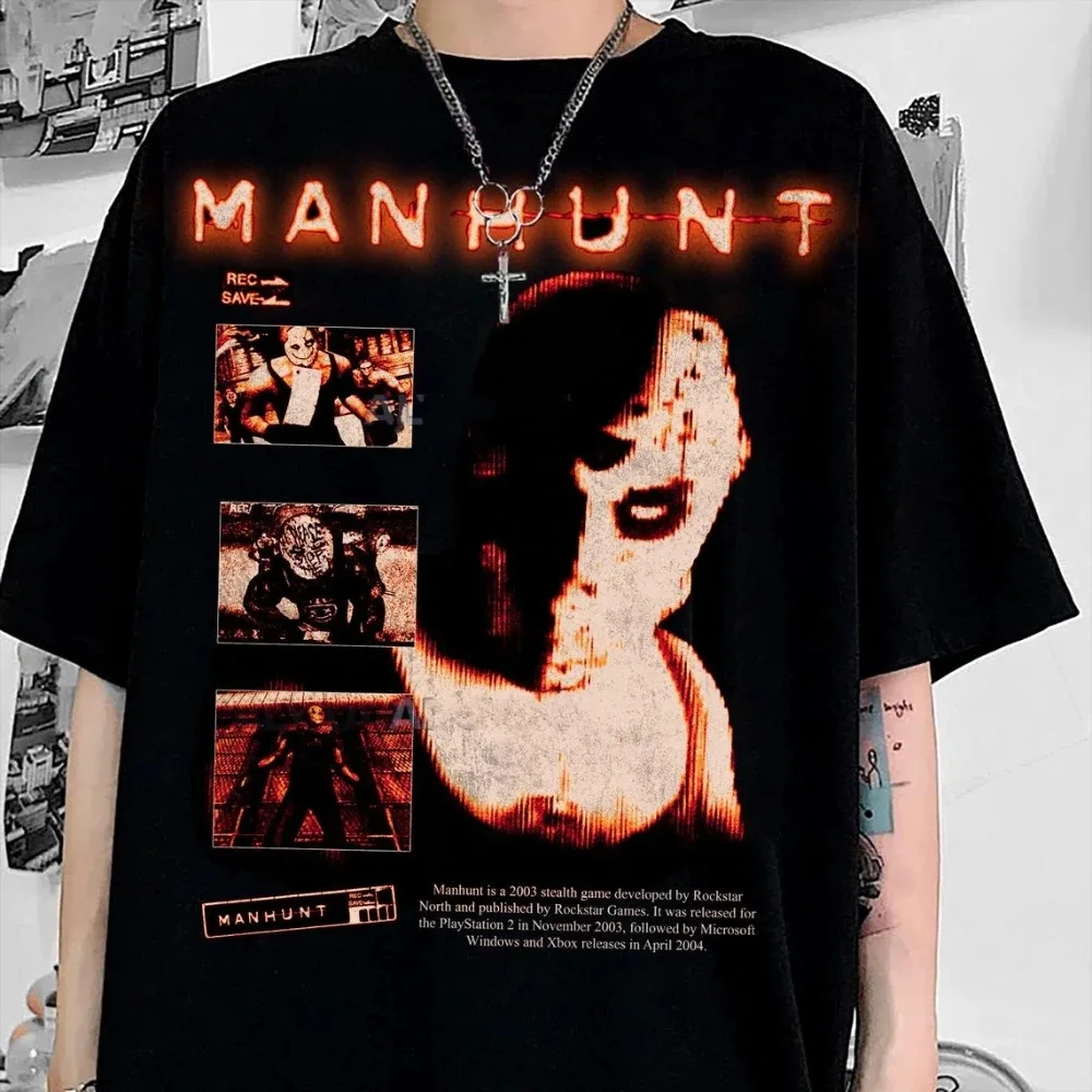 레트로 맨헌트 티셔츠 공포 게임 테마 캐주얼 편안한 루즈핏 유니섹스 하이엔드 럭셔리 인기 상품 오버사이즈 티셔츠 클래식