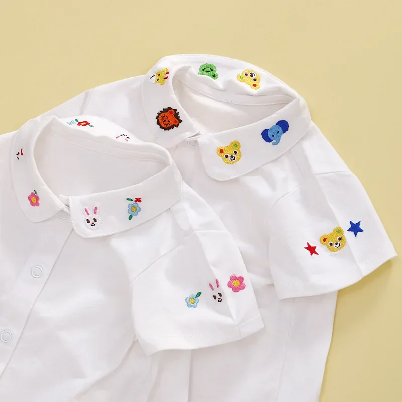 

Japanese Boys and Girls Shirts Cartoon Bear Rabbit Doll Collar Short Sleeve Shirt Baby Blouses Camisas Korean Children's Tops