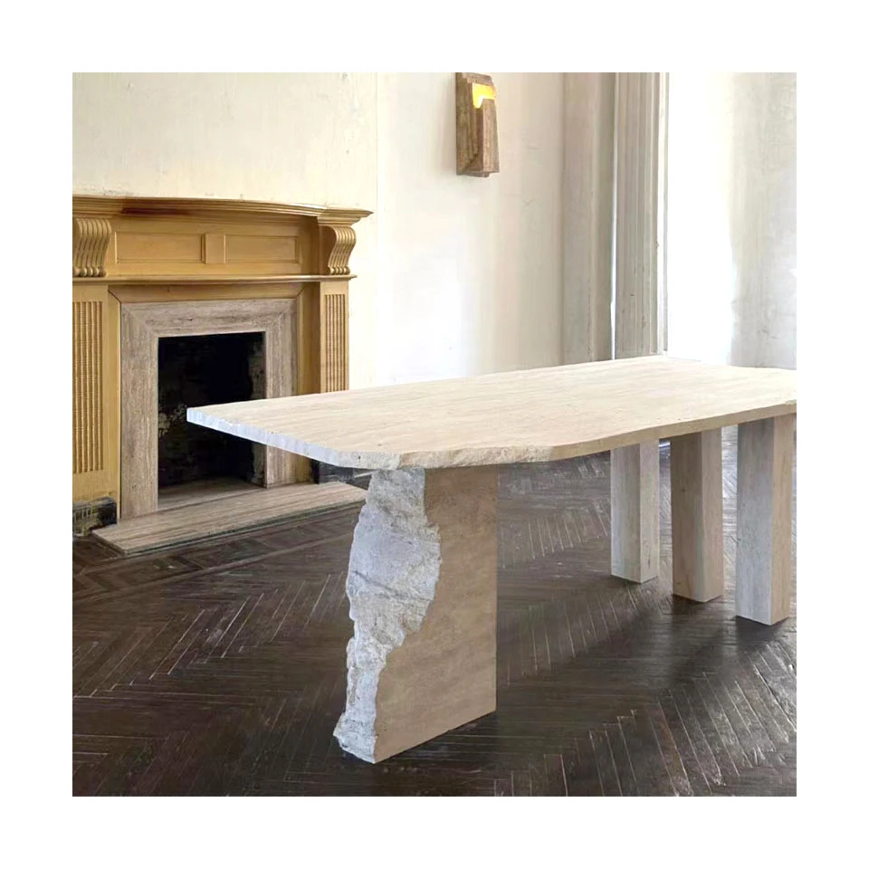 S@ Simple Travertine Dining Table With Irregular Edge Design Kitchen Guest Dining Room Suitable for Modern Style