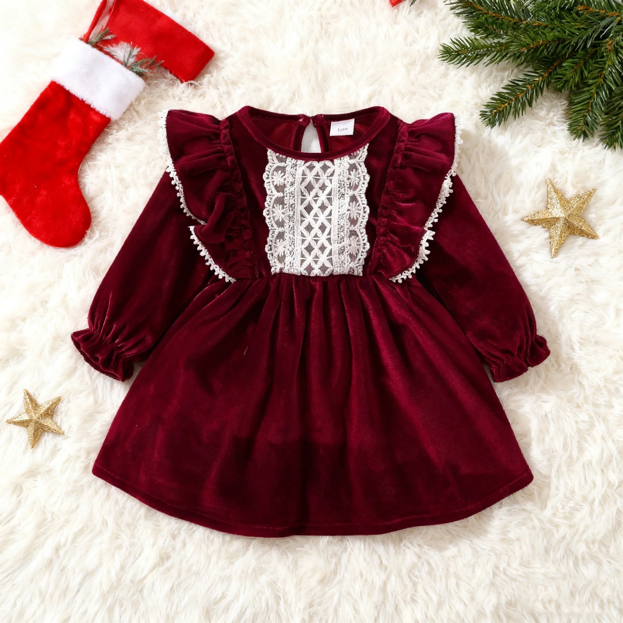 

Christmas Party Skirt Baby Girl Long Sleeve Ruffle Satin Finish Dress Fashion Holiday Autumn Winter Wear for Kids Girl 0-7 Years
