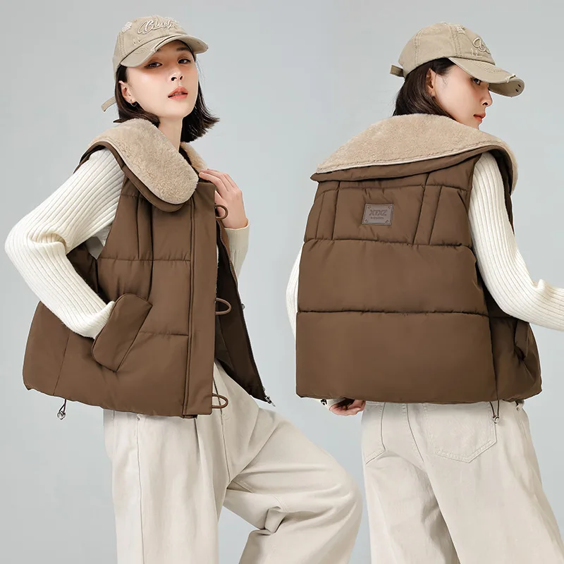 

Женское зимнее стеганое пальто, двухслойный воротник большого размера, стеганая куртка с роговыми пуговицами для женщин, укороченный женский жилет
