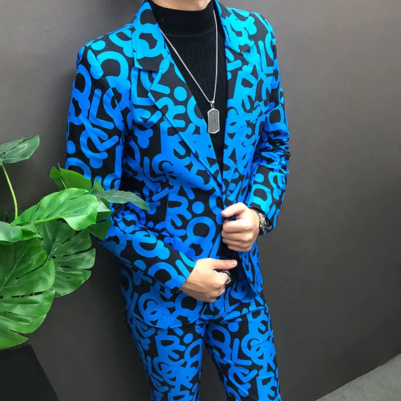 Streetwear Blue Letter Contrast Pattern Hip Hop Singer Dancer Coat Stage Costumes Men Nightclub Stage Singer DJ Male Slim Suit