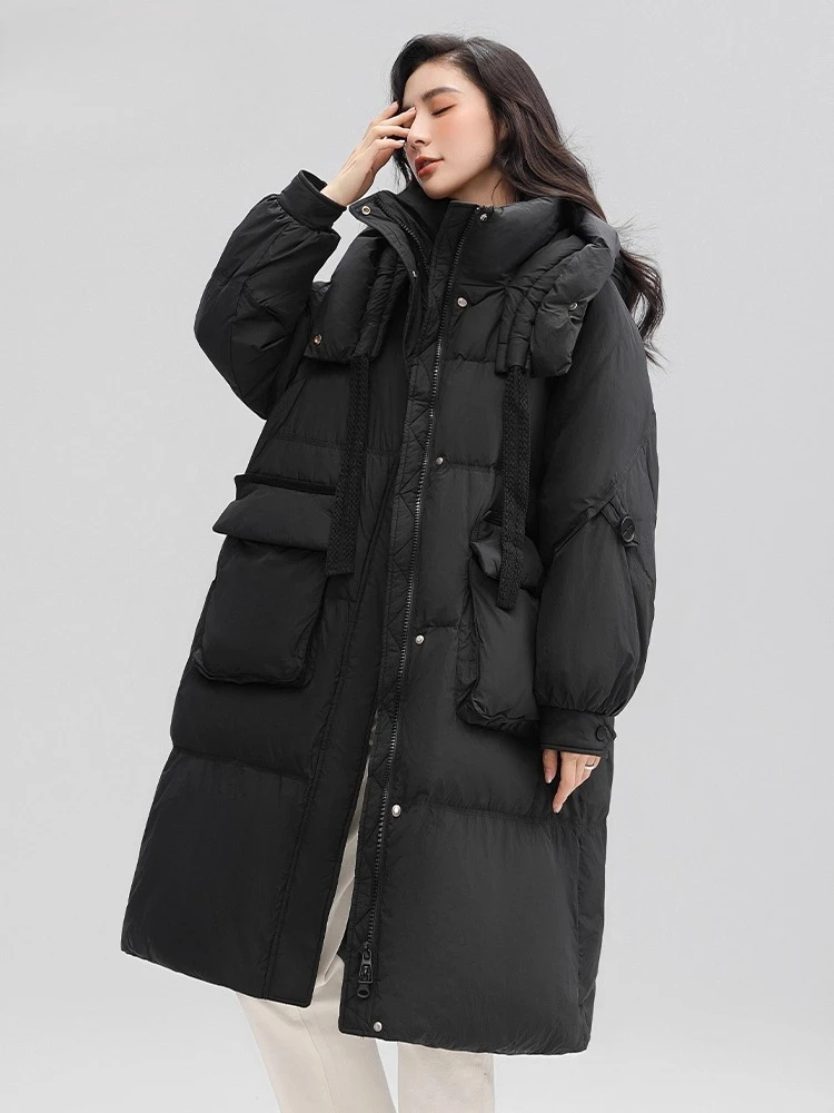 Dames donsjack 2025, winter lange capuchon, Koreaanse stijl, casual warme mode-jas