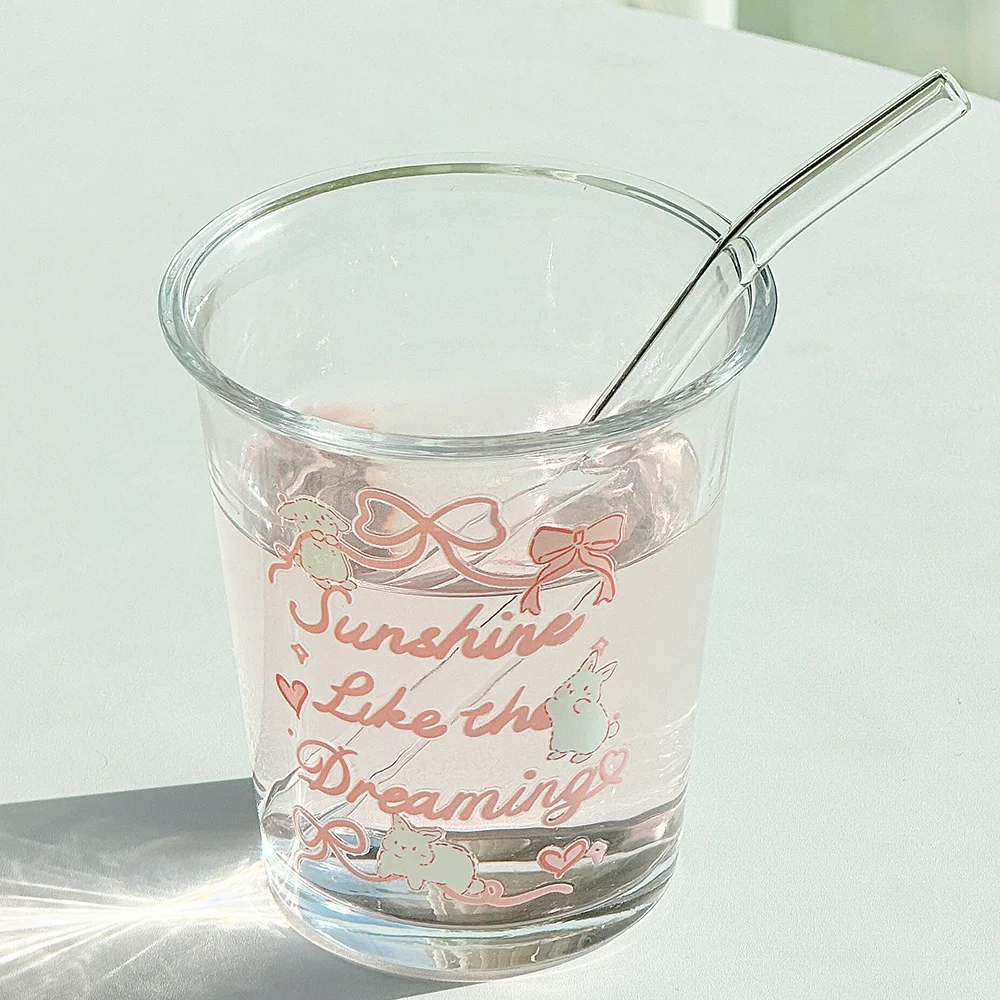 Original Love Bow Cartoon Glass Cup with Straw, Cute Bear Transparent Wine Glass, Cold Brew Coffee Cups, Whiskey Cocktail Glass