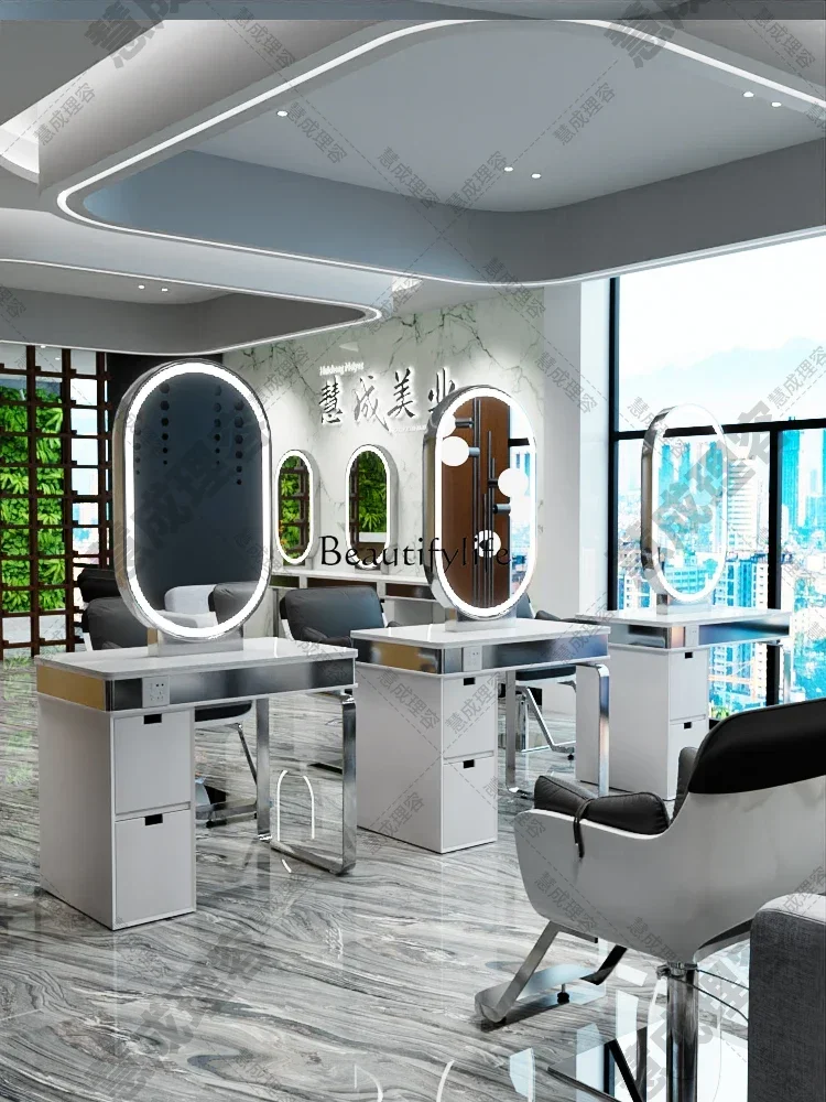 88.for Hair Salon Single-Sided Double-Sided Marble Hairdressing Mirror with Cabinet Hair Cutting and Perming Table